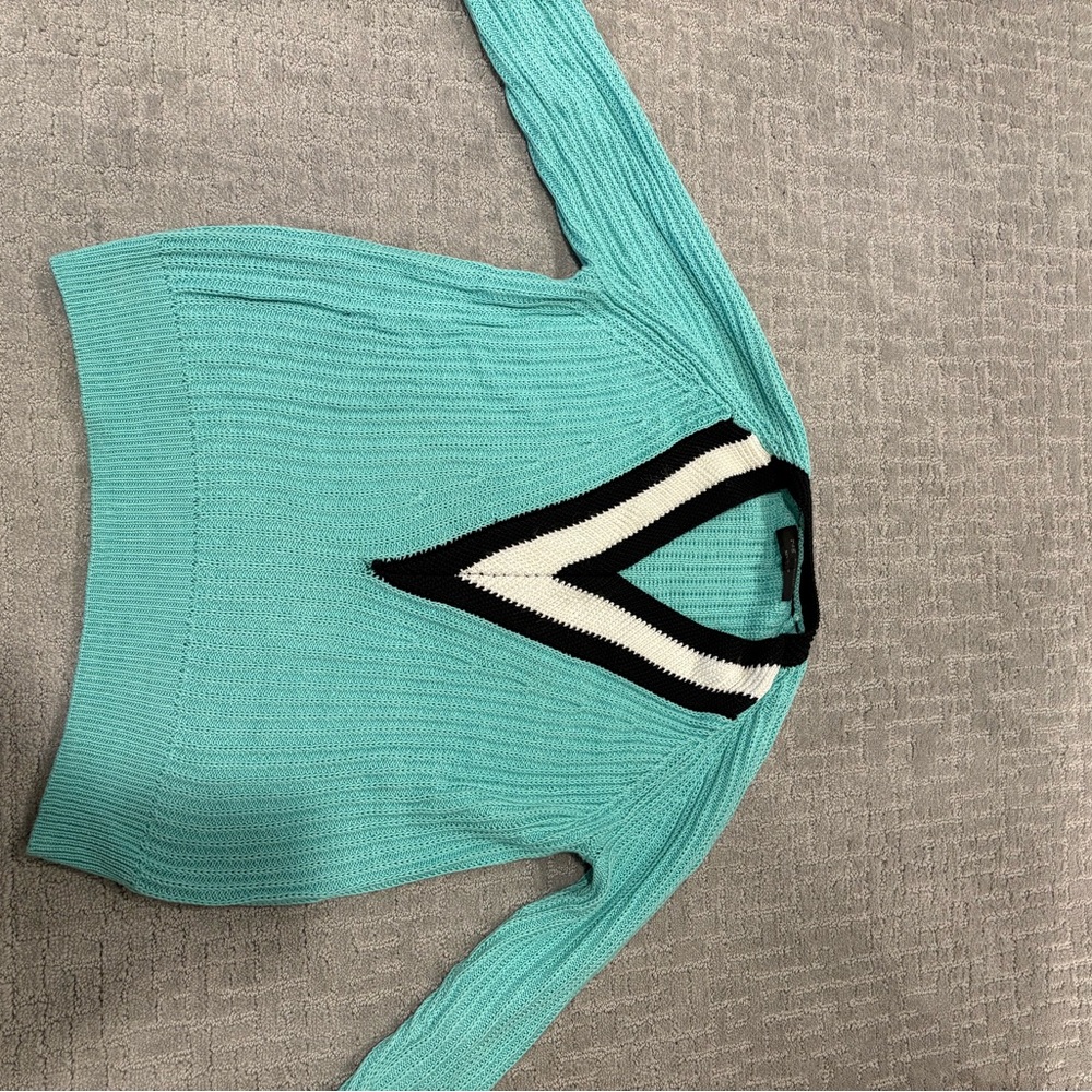 rag & bone Turquoise V-Neck Sweater with Black and White Stripes